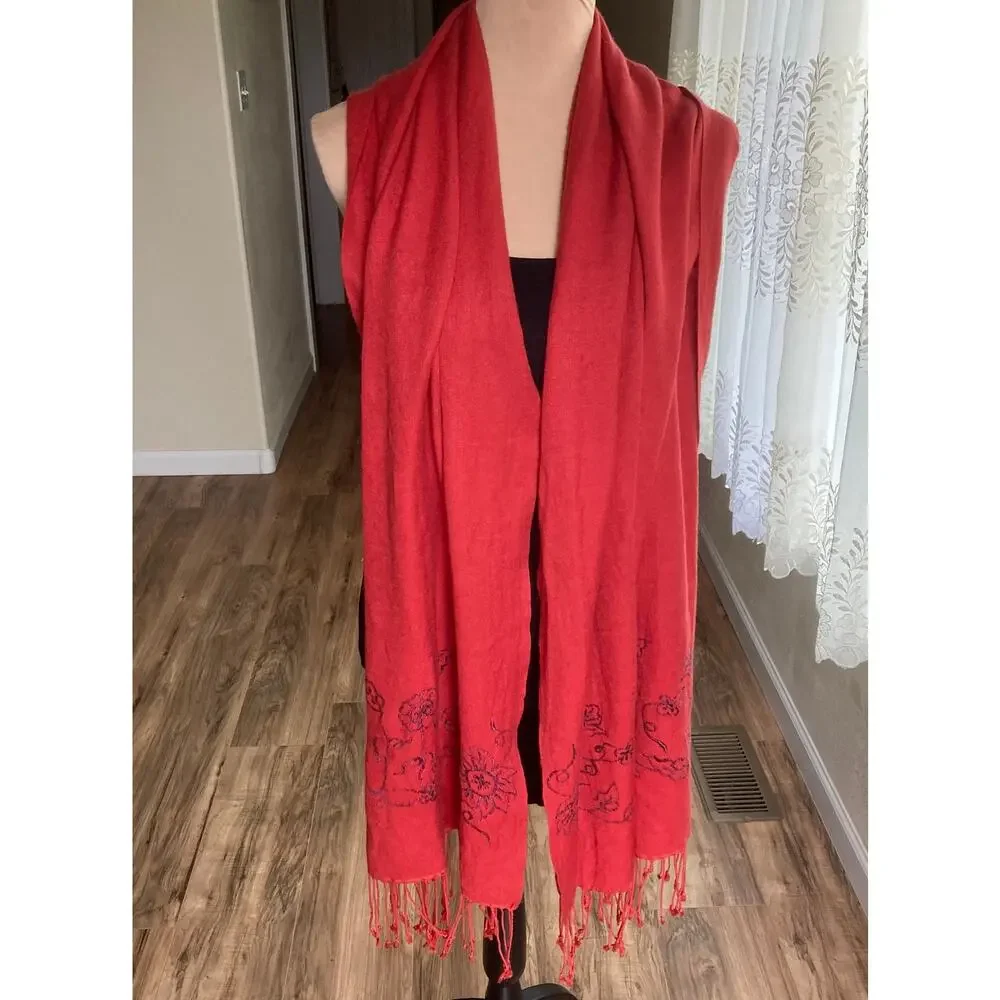 Lot Wool Beret Shawl Scarf Wrap Floral Embroider Orange-Red Pumpkin Fall Y'all